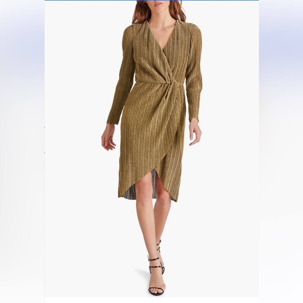 Steve Madden Elegant Crinkle Metallic Long Sleeve Gold Dress Sz XS - Picture 3 of 10